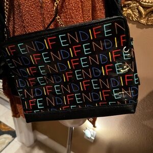 Fendi Black Patent Leather Shoulder Bag with Glossy Finish and Logo Pattern